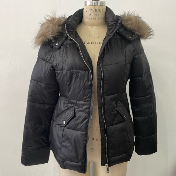 Removable Faux Fur Trim Hoodie Puffer Jacket - Picture 1 of 7